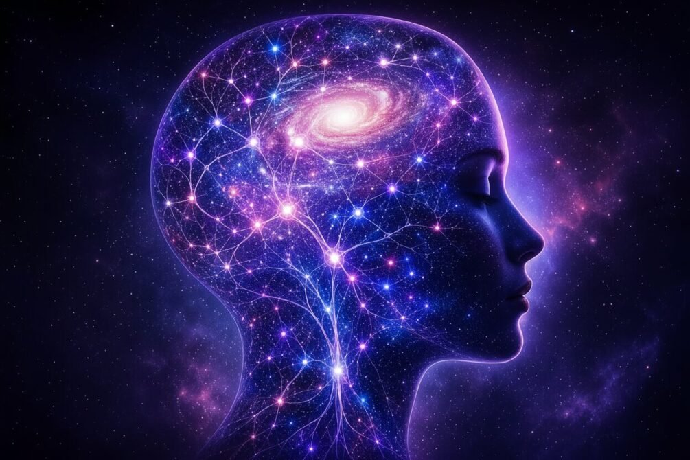 Ilustração artística representando a conexão entre a mente humana, psicologia e física quântica