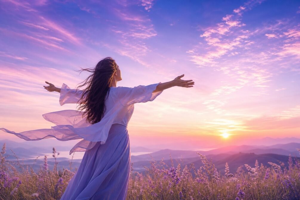 Mulher em um campo aberto expressando liberdade e autocura emocional Terapia Estelar