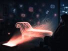 Redes sociais e saúde mental. Projeção holográfica de um divã saindo de um celular com ícones de redes sociais ao fundo