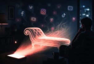 Redes sociais e saúde mental. Projeção holográfica de um divã saindo de um celular com ícones de redes sociais ao fundo