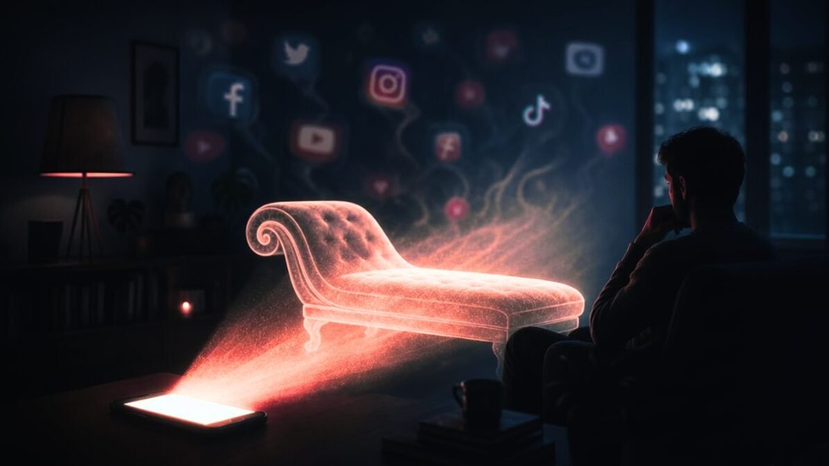 Redes sociais e saúde mental. Projeção holográfica de um divã saindo de um celular com ícones de redes sociais ao fundo