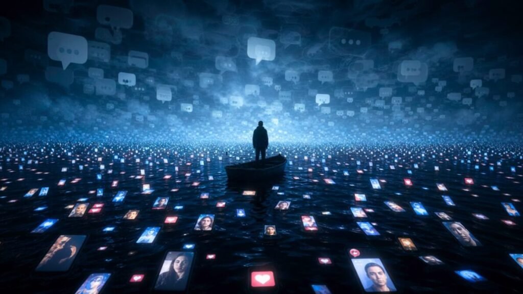 Silhueta humana solitária no centro de uma imensidão de telas de celulares brilhando no escuro redes sociais e saúde mental