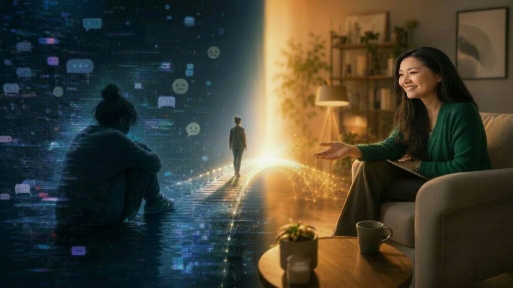 Transição visual entre o isolamento digital e o acolhimento caloroso de uma terapeuta humana