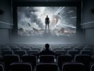 Pessoa sentada na poltrona de uma sala de cinema vazia assistindo a uma cena de tempestade na tela, representando o exercício de como ativar o observador interno.