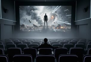 Pessoa sentada na poltrona de uma sala de cinema vazia assistindo a uma cena de tempestade na tela, representando o exercício de como ativar o observador interno.