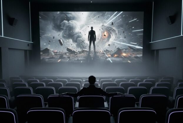 Pessoa sentada na poltrona de uma sala de cinema vazia assistindo a uma cena de tempestade na tela, representando o exercício de como ativar o observador interno.