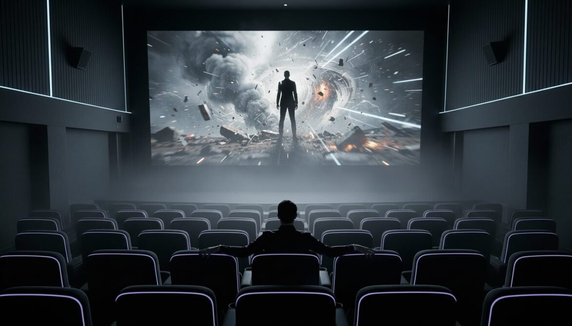 Pessoa sentada na poltrona de uma sala de cinema vazia assistindo a uma cena de tempestade na tela, representando o exercício de como ativar o observador interno.