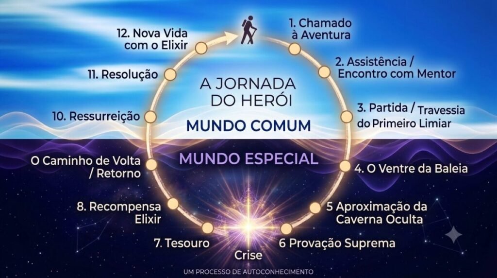 Infográfico circular mostrando as etapas da Jornada do Herói na psicoterapia, dividido entre Mundo Comum e Mundo Especial, ilustrando o processo de autoconhecimento