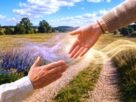 Duas mãos estendidas prestes a se alcançar sobre uma trilha no campo com ondas sutis de luz dourada e violeta, representando a meditação guiada no processo terapêutico