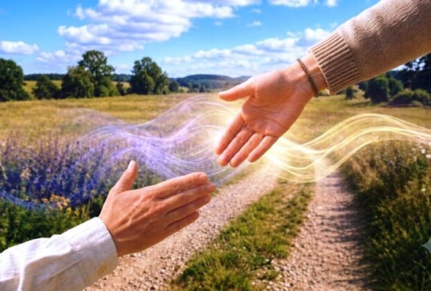 Duas mãos estendidas prestes a se alcançar sobre uma trilha no campo com ondas sutis de luz dourada e violeta, representando a meditação guiada no processo terapêutico