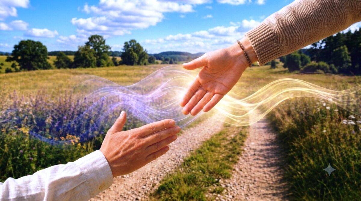 Duas mãos estendidas prestes a se alcançar sobre uma trilha no campo com ondas sutis de luz dourada e violeta, representando a meditação guiada no processo terapêutico