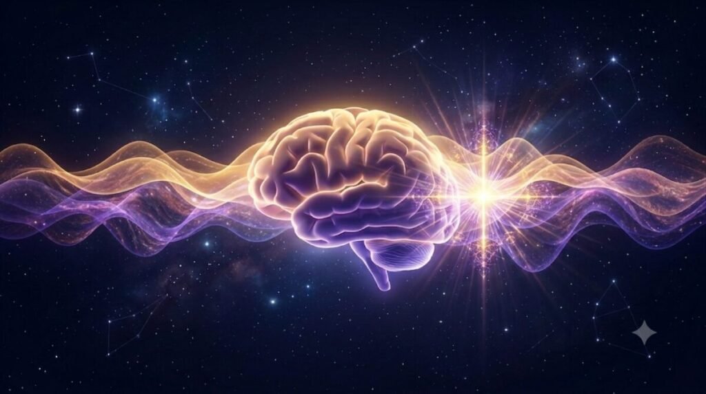Meditação Guiada no Processo Terapêutico: O Alívio para a Mente que Não Consegue Parar 2 nfográfico conceitual de um cérebro iluminado flutuando no cosmos, emitindo ondas de energia douradas e violetas que representam as frequências cerebrais Alfa e Theta durante a meditação guiada