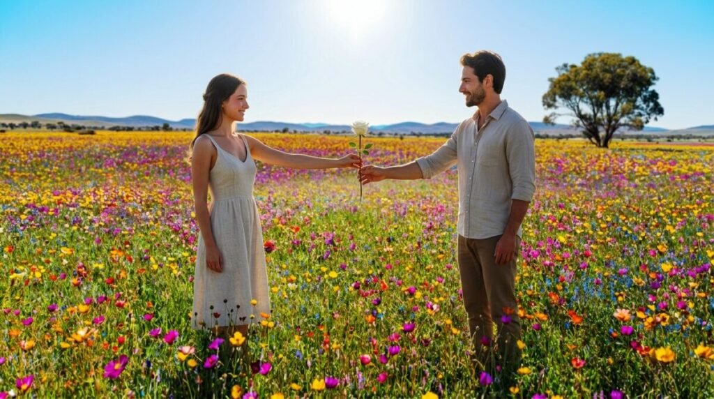 Casal sorrindo em um campo de flores vibrantes com o homem entregando uma rosa branca para a mulher, simbolizando o recomeço e a cura emocional.